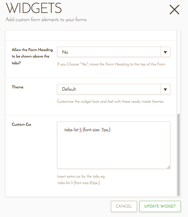 How to change font size and tab width of Form Tabs widget